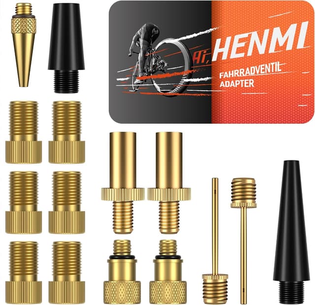 Detalle de HENMI Fahrradventil Adapter Set für Autoventil, französisches Ventil & Dunlop – mit Sortierbox