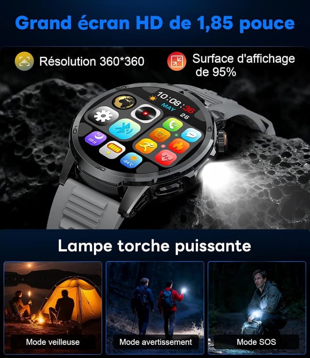 Detalle 2 de FEELNEVER Montre connectée homme EF19 : écran HD 1,85", fréquence cardiaque, 110 modes sport et batterie 1000 mAh