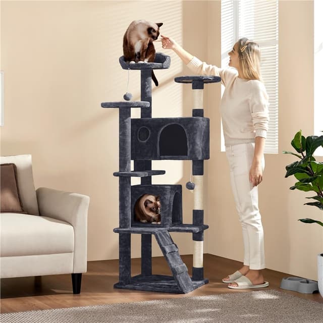 Detalle 2 de Yaheetech Kratzbaum groß (158 cm) mit 3 Plattformen, 3 Kratzsäulen und 2 Höhlen – Dunkelgrau