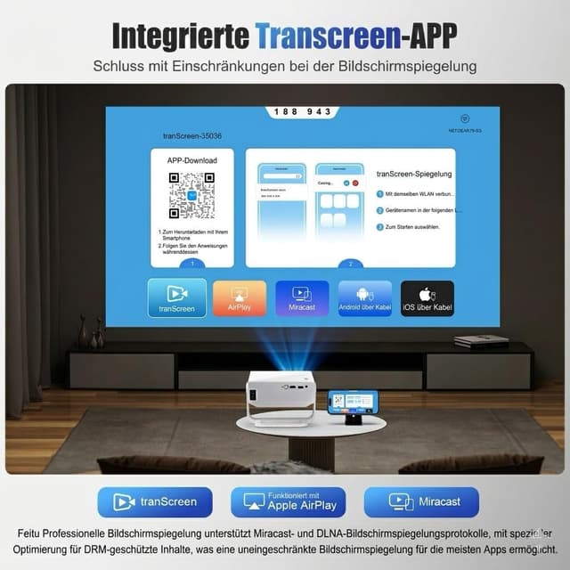 Detalle 2 de Smart Mini Beamer Android 14 mit WiFi 6, Bluetooth 5.2 und Auto-Trapezkorrektur – Smart Mini Beamer für Full-HD-Heimkino