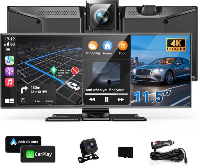 Detalle de 11.5" Wireless CarPlay Screen (Portable) with 4K Dash Cam, 1080p Backup Camera, GPS & Voice Control
