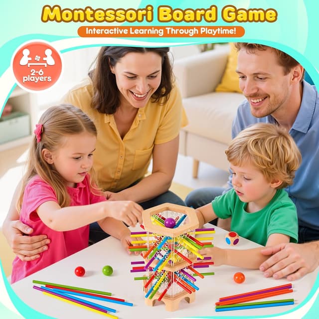 Detalle de Montessori Spiel Holz – Würfelspiele mit 42 bunten Holzstäbchen (ab 3 Jahren) für Feinmotorik & Familienrunden