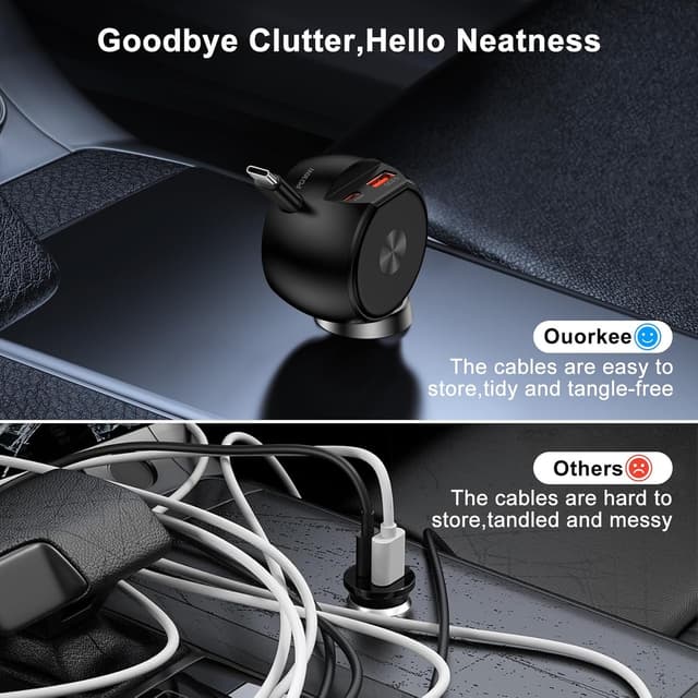 Detalle de Ouorkee 3-in-1 Zigarettenanzünder USB-C Auto-Ladegerät (30W+30W+18W) mit ausziehbarem Kabel