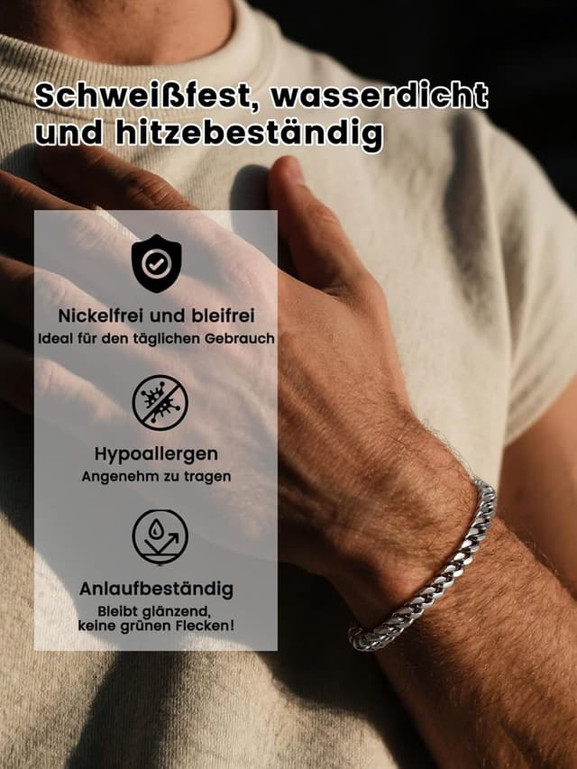 Detalle de Bestyle Herren-Armband aus Edelstahl mit Cuban-/Panzerkette (5/7/9/12,5 mm) in Silber/Schwarz/Gold