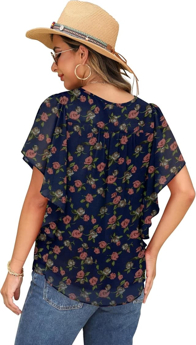 Detalle 2 de QIXING Chiffon Kurzarm Bluse Damen mit Fledermausärmel und Rundhalsausschnitt