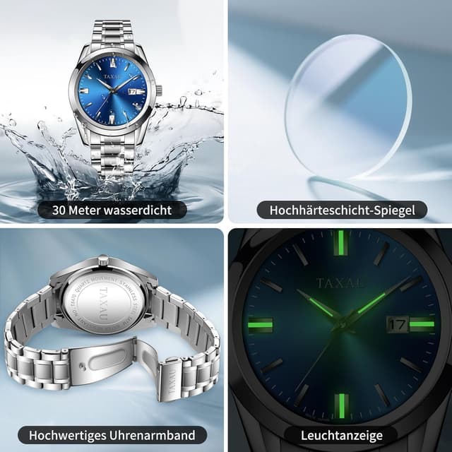 Detalle 2 de Taxau Edelstahl-Herrenuhr mit Quarzwerk, wasserdichtem Design und Multifunktion
