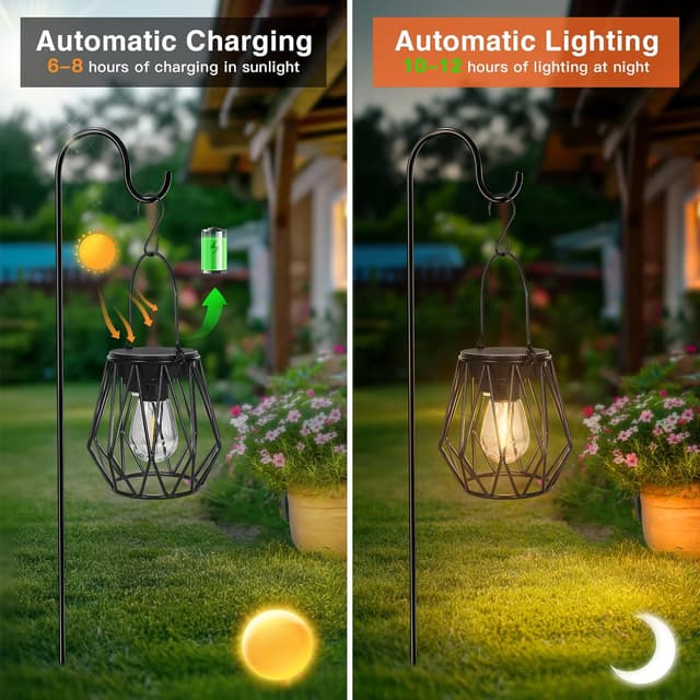 Detalle de Ketom 2er-Set Solar-Laternen für außen (hängend & stehend) IP65, Vintage, mit LED und Haken, schwarz