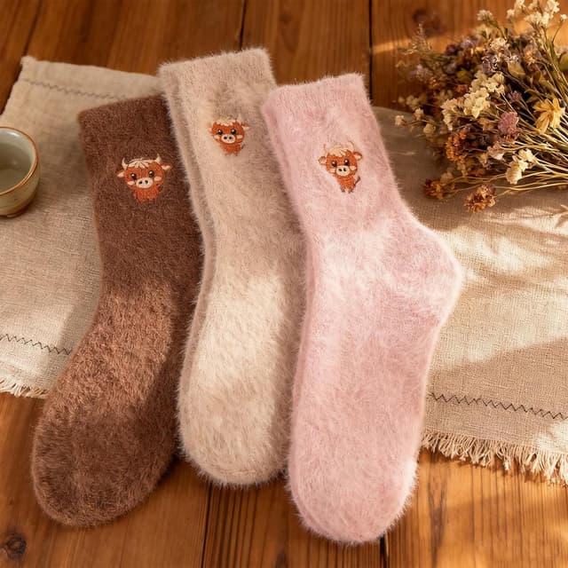 Detalle de QBEJIME Highland Cow Gifts for Women: 3 Pairs Fluffy Socks (UK 4–8)