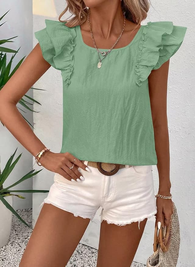 Detalle 2 de Falechay Womens Bow Tie Back Tops Round Neck Ruffle Short Sleeve Chiffon Babydoll Tunic