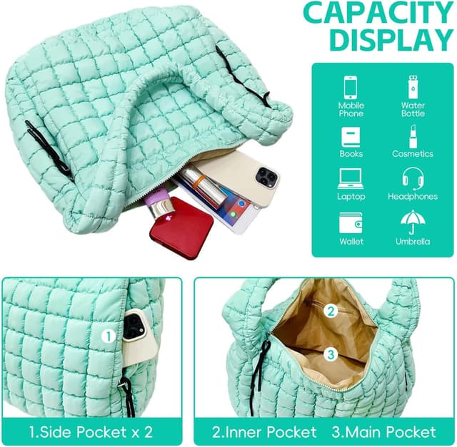 Detalle de Bagtopia Puffer Tote Bag (Large Quilted Puffer Bag) – lightweight quilted hobo tote for work, gym & travel