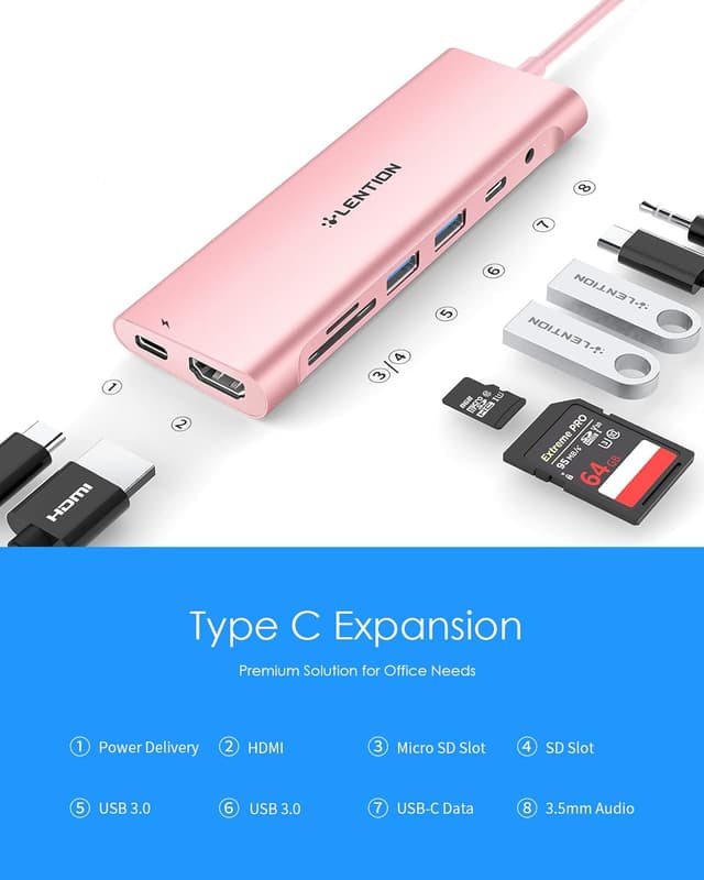 Thumbnail 2 de LENTION Hub USB-C 4K HDMI, 2 USB 3.0, Tarjeta, Jack 3.5mm