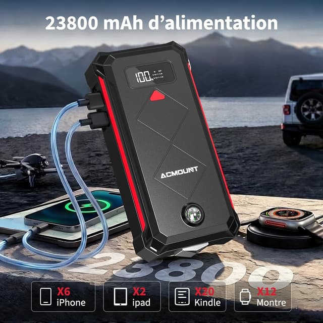 Detalle de Acmount 7000A Booster Batterie Voiture 23800 mAh – démarreur 12 V avec pinces intelligentes, écran LCD et LED 3 modes