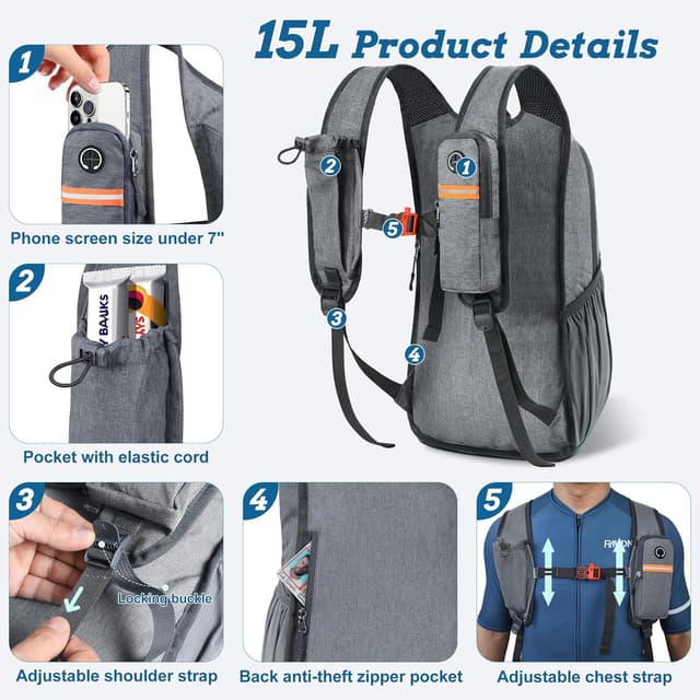 Detalle 2 de BECOJADDE 15L Foldable Hiking Backpack with Chest Belt & Phone Pocket (Grey)