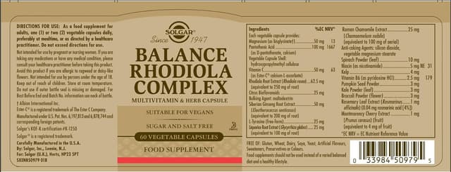 Thumbnail 1 de Solgar Balance Rodiola Complex 🌿, Apoyo Nervioso, 60 Cápsulas