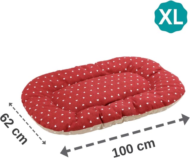 Detalle 2 de Baroni Home Cuscino Ovale per Cani e Gatti in tessuto con morbid foam, imbottito (62x100x9 cm) beige e rosso cuori