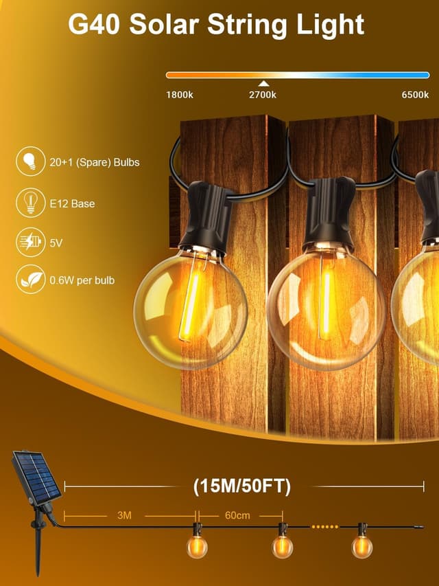 Detalle 2 de Guirlande solaire extérieure ARKOCHIC 15 m avec 20+1 ampoules LED G40, 8 modes et télécommande (IP44)