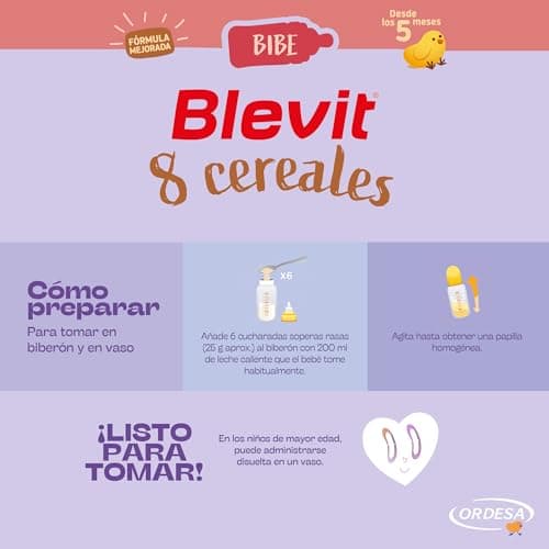 Detalle de Blevit Bibe 8 Cereales (500 g) – Papilla de 8 cereales desde los 5 meses con 14 vitaminas y minerales