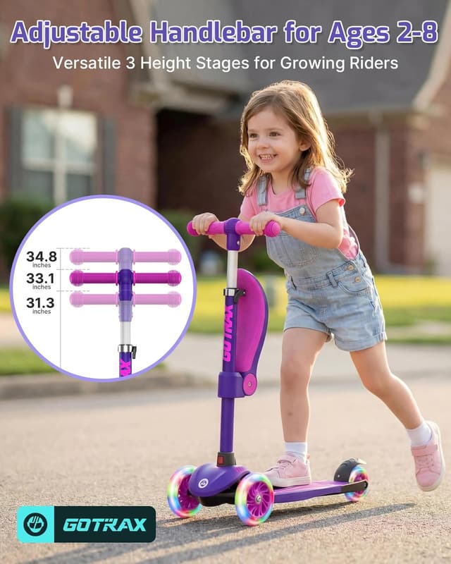 Detalle de GOTRAX KS3 Kids Kick Scooter with LED Lighted Wheels, Adjustable Height & Removable Seat (Ages 2–8, up to 110 Lbs)