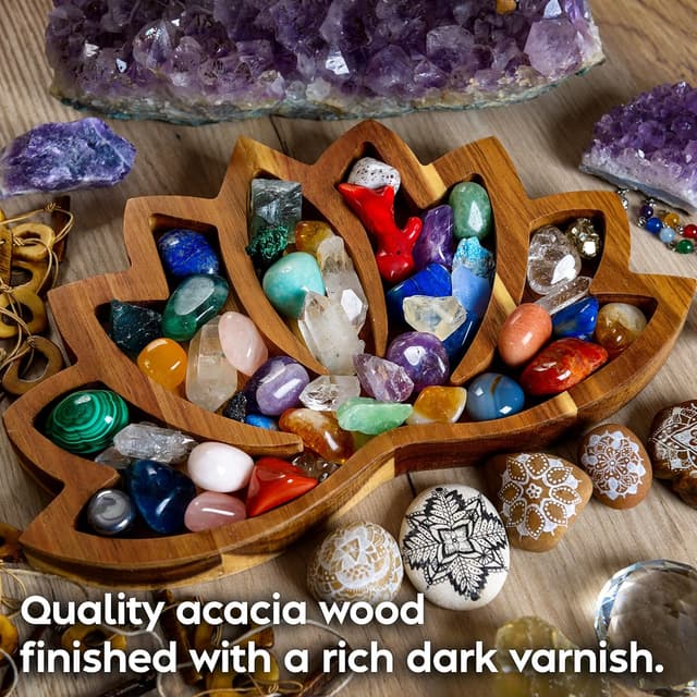 Thumbnail 6 de Curawood Lotus Crystal Display Tray (28x18cm) – Acacia wood lotus-style crystal and gemstone holder