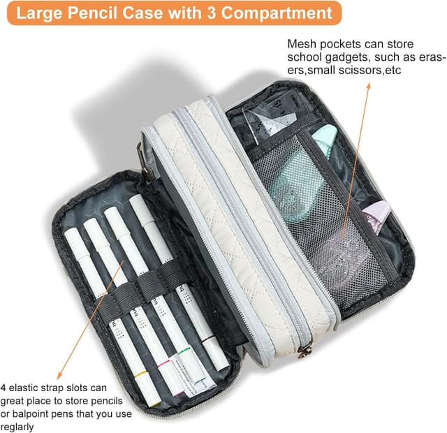 Detalle de Della Gao Large Pencil Case, 3-Compartment 1 Pencil Pouch ✏