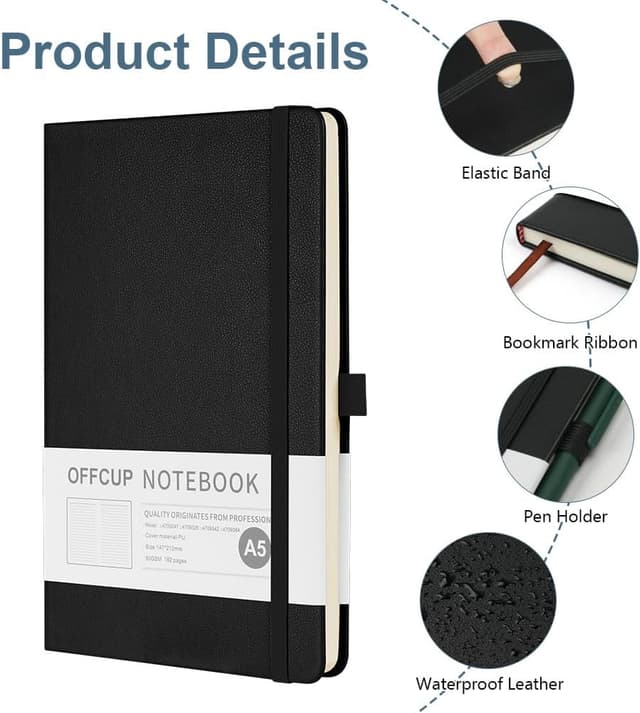 Detalle de OFFCUP Carnet A5 ligné avec couverture rigide en cuir végétalien et élastique (192 pages)