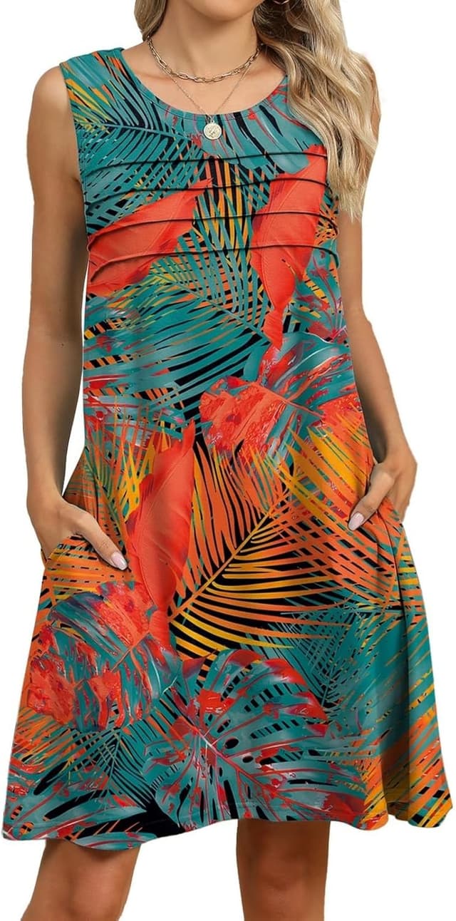 Detalle de PICKLION Women’s Summer Boho Floral Midi Dress with Side Pockets (Sleeveless, Loose Fit)