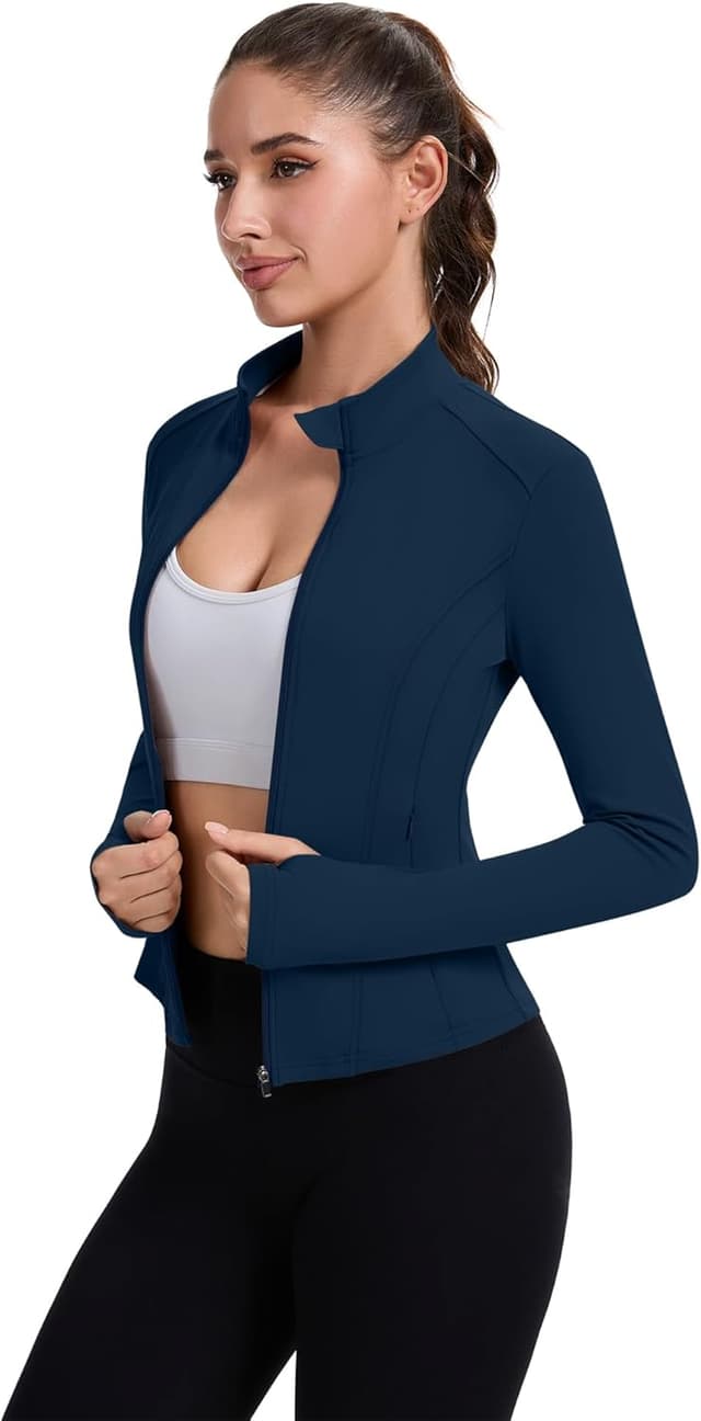 Detalle de IECCP Damen Sportjacke Langarm Laufjacke mit Reißverschluss und Daumenloch – Funktionsshirt für Gym, Yoga & Training