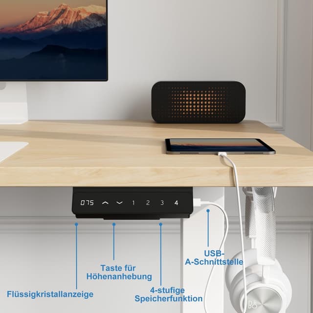 Thumbnail 4 de Devoko höhenverstellbarer Schreibtisch mit 2 Motoren, 160x80 cm Tischplatte (Eiche, 25 mm) – elektrisch, mobil mit Kabelmanagement