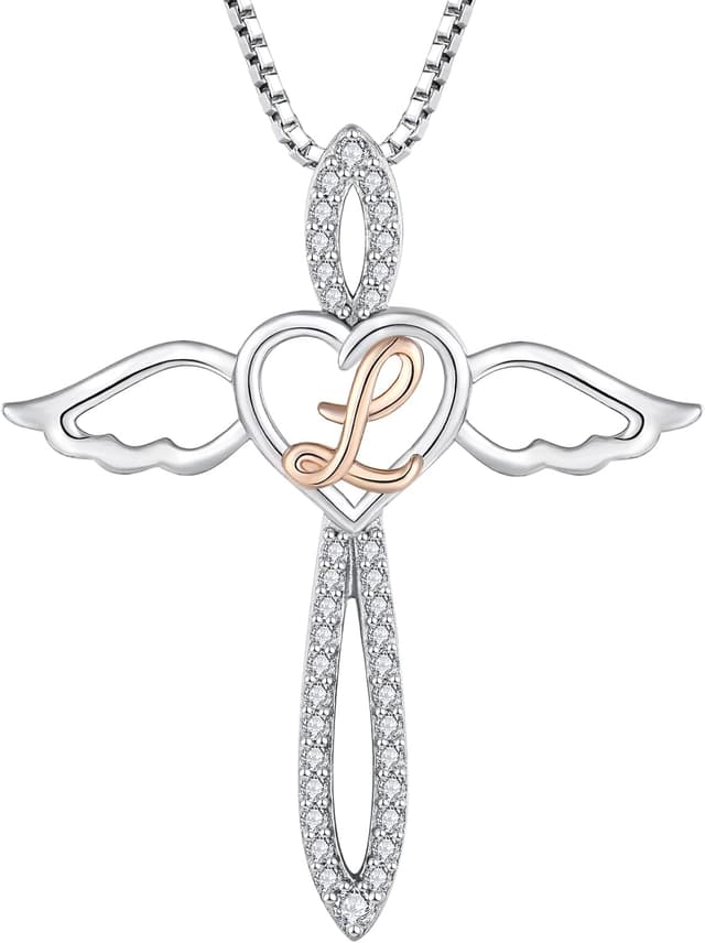 Detalle de FJ Letter Initial Necklace in 925 Sterling Silver with Guardian Angel Charm (Personalised Pendant)