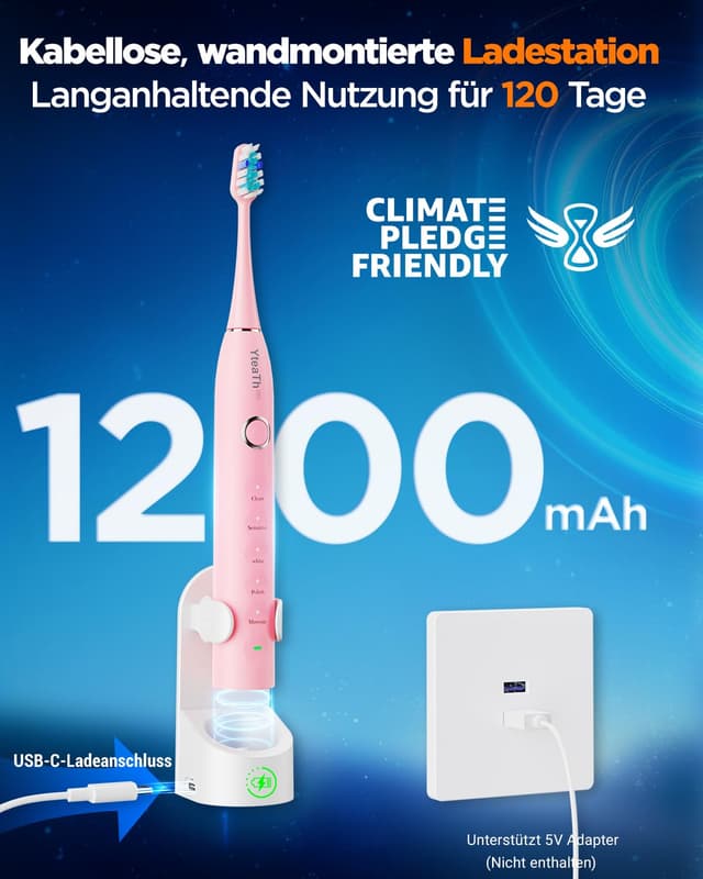 Detalle de Elektrische Schallzahnbürste für Erwachsene und Kinder mit 5 Putzmodi, Timer und 8 Bürstenköpfen