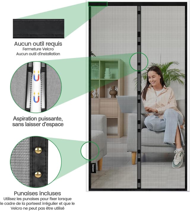 Detalle 2 de Hautement Ignifuge moustiquaire porte à fermeture automatique par aimants – 95 x 200 cm, maille fine noire