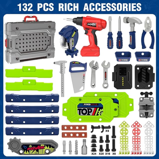 Detalle de Kids Tool Bench Set with Electric Drill and Realistic Tools (132pcs) — 2-in-1 Workbench & Toolbox for Ages 3–5