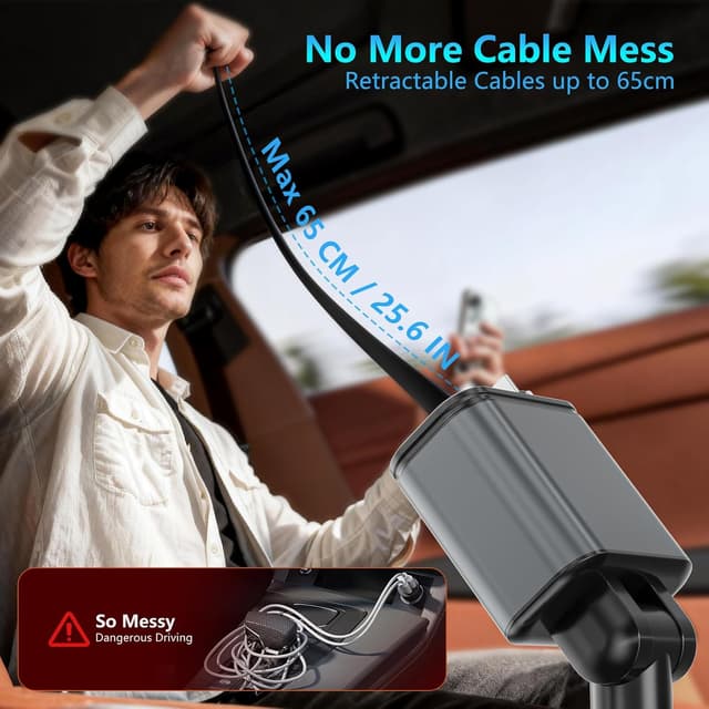 Detalle 2 de Jukibole Zigarettenanzünder-Ladegerät mit Sternenhimmel, 120W Auto-USB-C Schnellladung & einziehbares Kabel