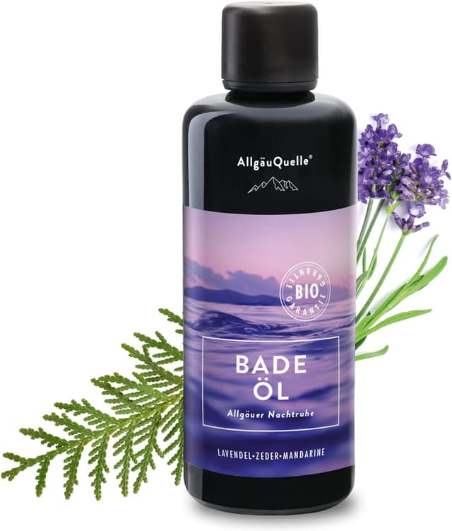 Detalle de AllgäuQuelle® BIO-Badeöl „Allgäuer Nachtruhe“ mit Bio-Ölen (Lavendel, Zeder, Mandarine) – 100 ml