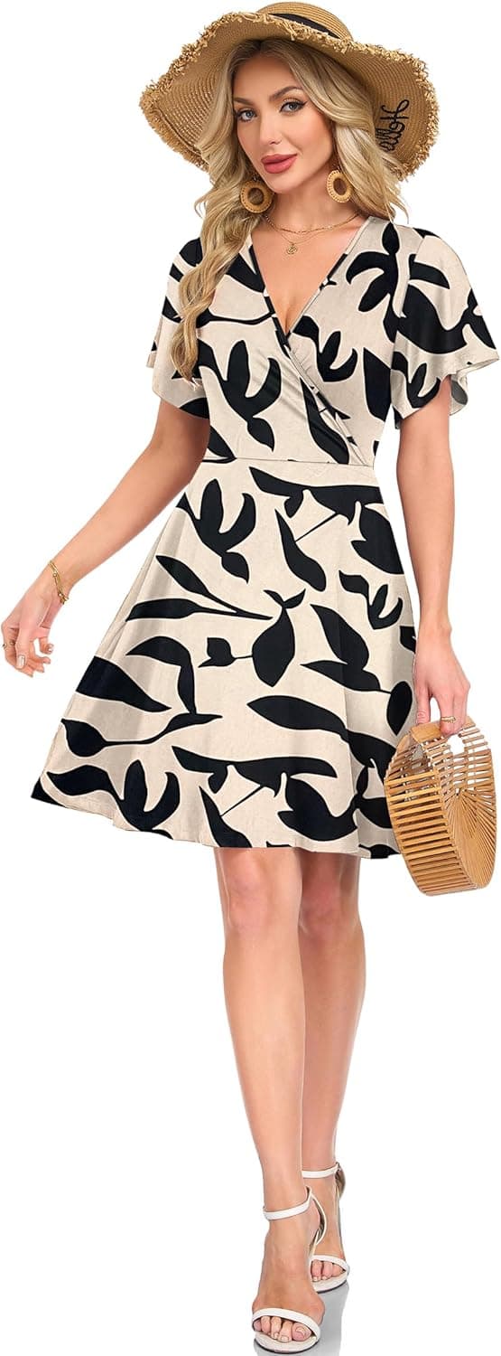 Detalle de AUSELILY Summer Wrap Dress for Women with Ruffle Short Sleeves, V Neck & Floral Cross-Front