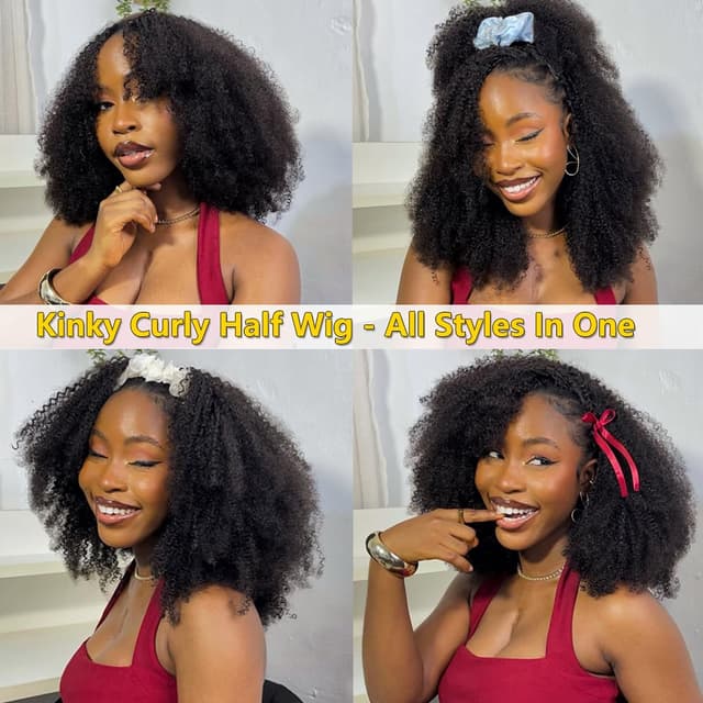 Detalle de VFFTI Kinky Curly Half Wig (Human Hair) — 3-in-1 Drawstring Seamless Flip-Over, Beginner-Friendly