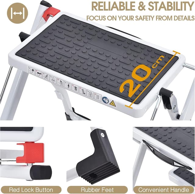 Detalle 2 de KINGRACK Folding Step Ladder (2-Step) foldable stepladder stool with handle, non-slip mat, up to 330lb, white