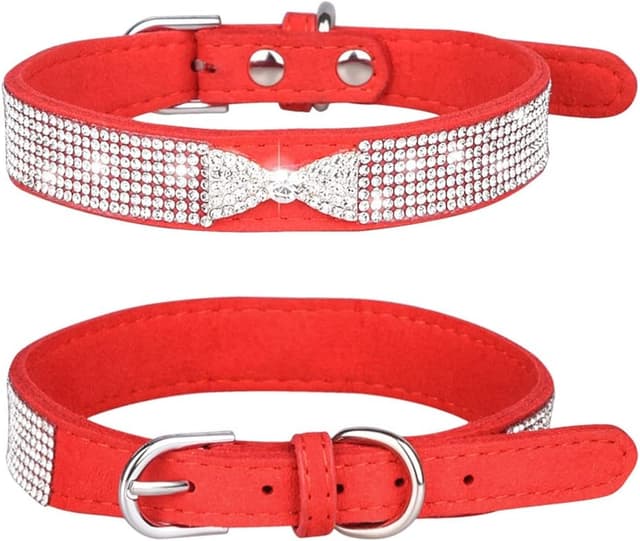 Detalle de Hotlion Rhinestone Dog Collar with Bowtie – Adjustable Velvet Bling Collar for Small to Large Pets (Dark Red, XS)
