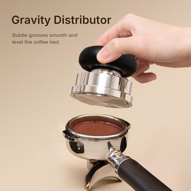 Detalle de TIMEMORE Espresso Tamper-Set 58,4 mm mit WDT-Werkzeug, selbstnivellierendem Tamper und Gravity-Distributor