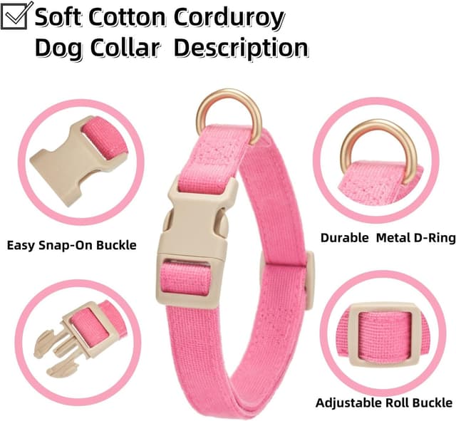 Detalle de YUDOTE Soft Corduroy Dog Collar (Size M) with Plastic Clip – Adjustable Fuchsia