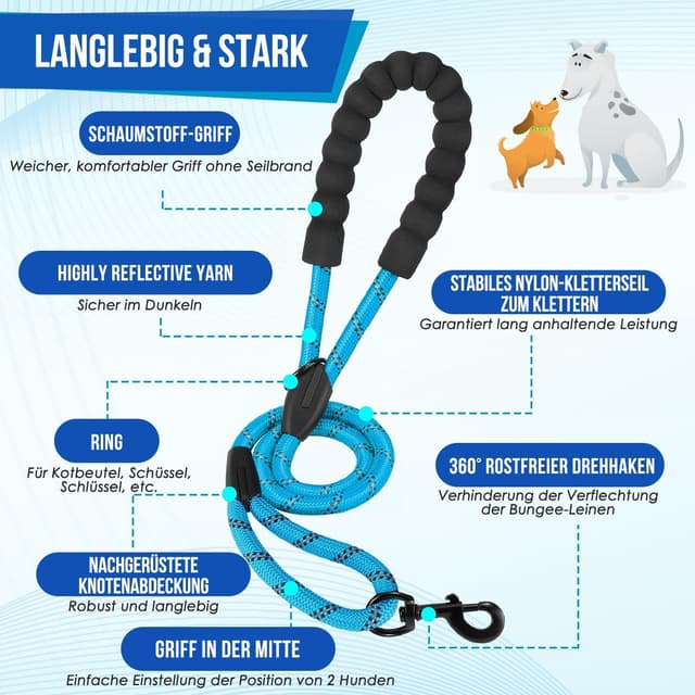 Detalle de SlowTon Doppelleine für 2 Hunde mit 360° Drehverschluss, reflektierenden Streifen und gepolsterten Griffen