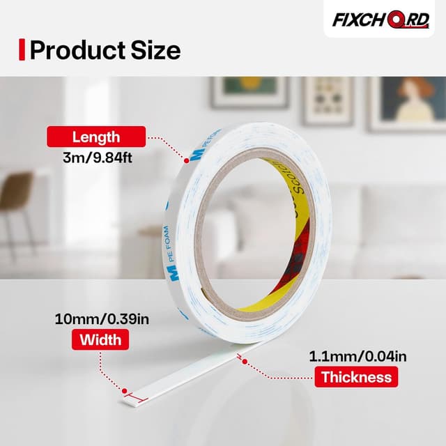 Detalle 2 de Double Sided Tape Heavy Duty 10mm × 3m – Extra Strong PE Foam Mounting Tape for LED strips, décor & more