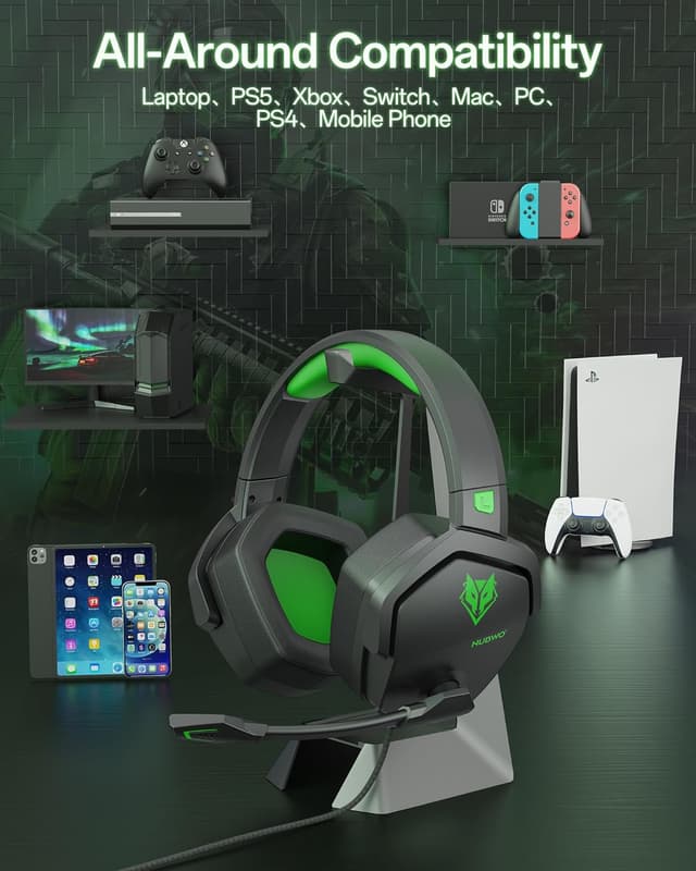 Detalle 2 de NUBWO N16 Gaming Headset mit Mikrofon und Geräuschunterdrückung (Grün) für PS5, Xbox One, Switch, PC & mehr