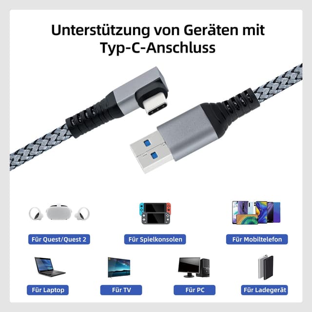 Detalle de Mcbazel Link Kabel Typ-C auf USB 3.0, 6 m, rechtwinklig – Schnellladekabel & Datenübertragung für Quest/Quest 2/Quest 3