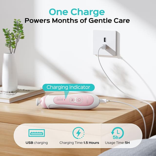 Detalle 2 de COSLUS C52 Rechargeable Baby Nail File (Cordless) with 5 Speeds, 6 Grinding Heads & LED Light - Pink