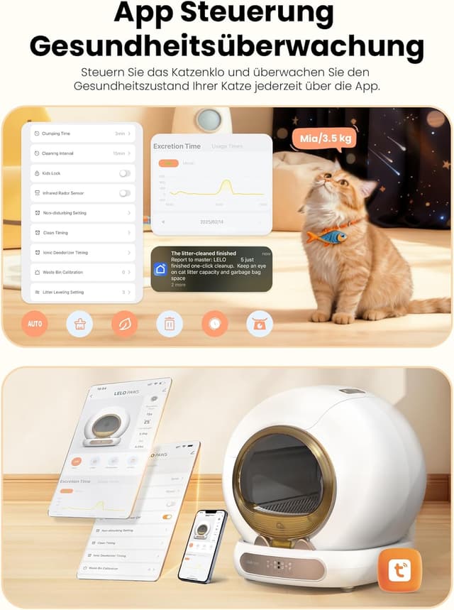 Detalle 2 de LELO PAWS selbstreinigende Katzentoilette mit Türvorhang, 65 l + 9 l, App-Steuerung (Golden)