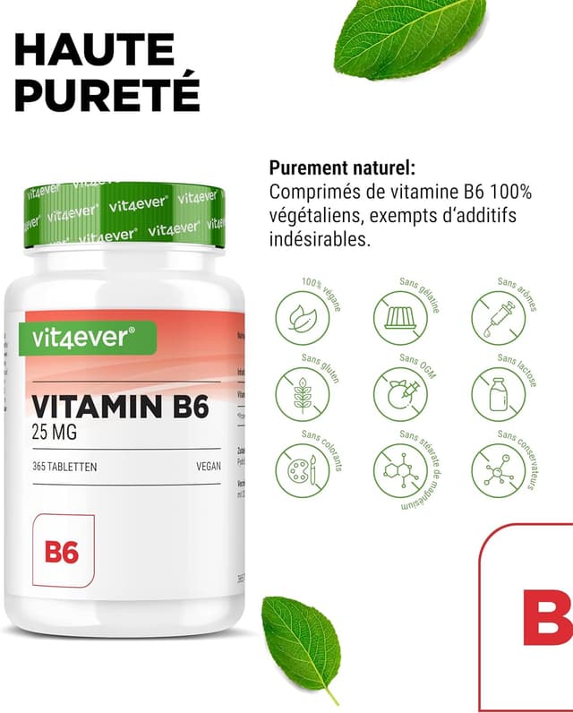 Detalle de vit4ever Vitamine B6 P-5-P (Pyridoxal-5-Phosphate) 25 mg – 365 comprimés, vegan