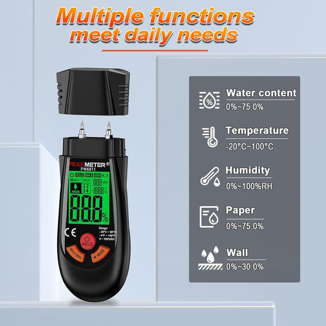 Detalle 2 de Misuratore di umidità con batteria e display LCD per legno e carta (modello aggiornato)