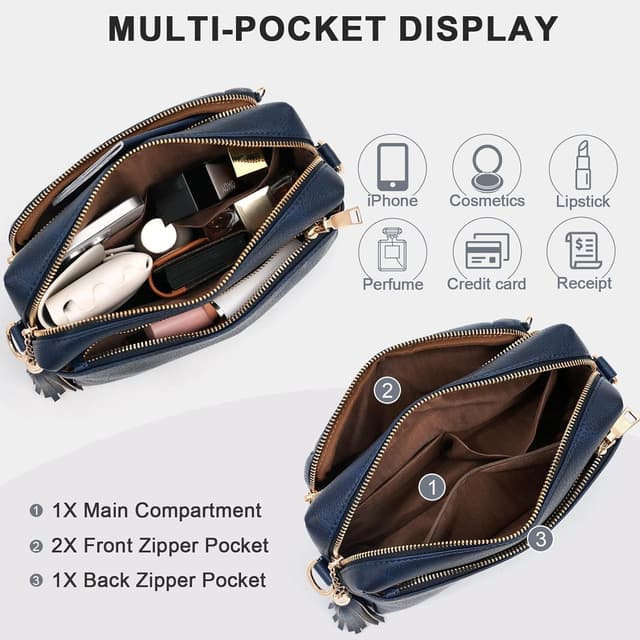 Detalle de HILAEX Umhängetasche Damen mit Anti-Diebstahl, mittelgroß, 4 Fächer und verstellbarem breiten Gurt