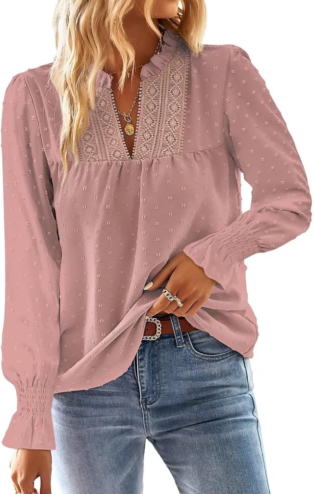 Detalle de TUUHAW Damen Langarmshirt mit V-Ausschnitt und Häkelverzierung – Boho-Bluse für schicke Alltagslooks